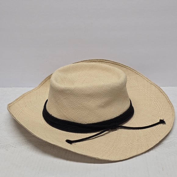 Artesano Puglia Elegant Cream Wide-Brim Toquilla Straw Hat Black Band Boho Chic - Picture 1 of 11